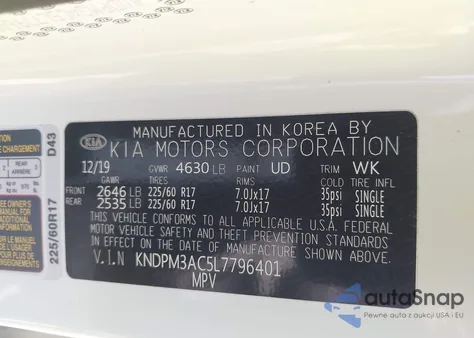 2020 Kia Sportage Lx z USA, uszkodzony, nr VIN KNDPM3AC5L7796401